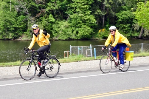 Two cyclists riding bikes on a bike lane.